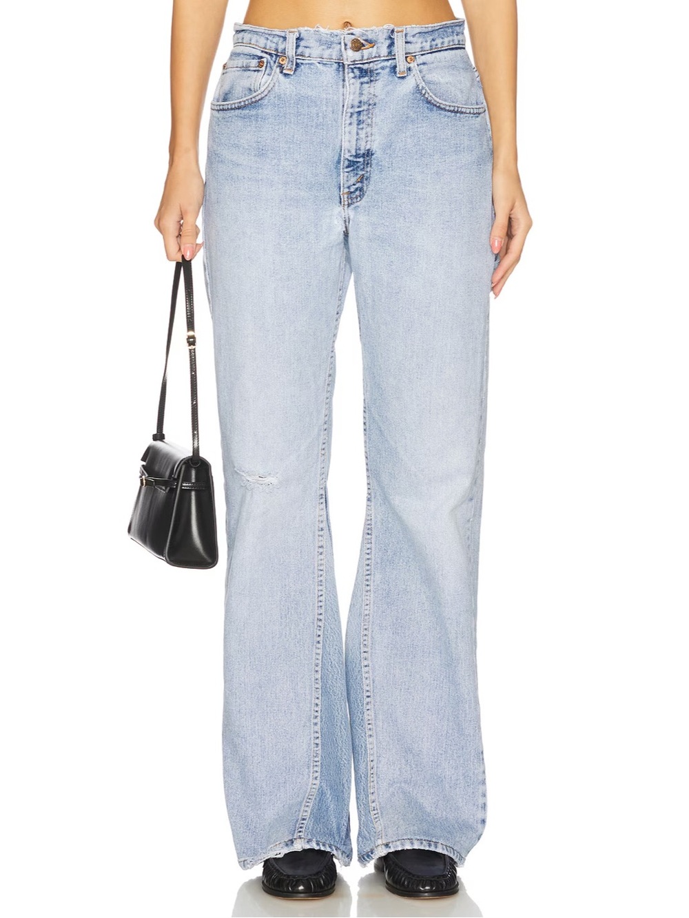NWT Aligrace Vintage Girlfriend Utility Jeans in Light Medium Wash Distressed